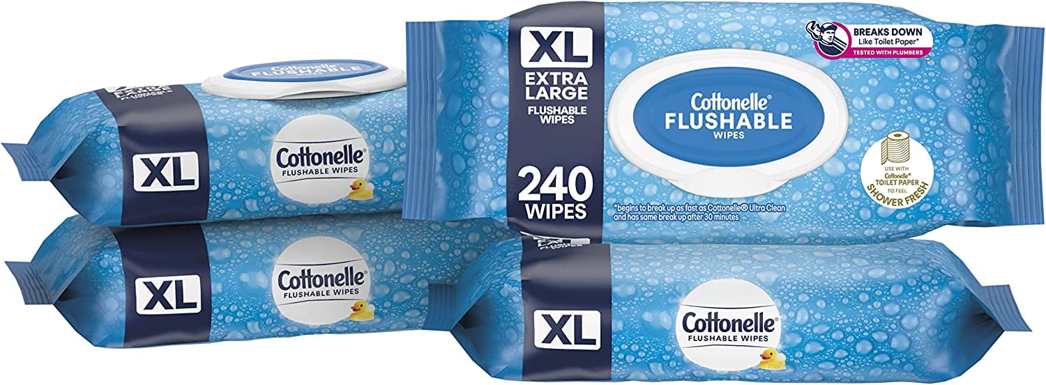 Cottonelle XL Flushable Large Adult Wet Wipes, 4 FlipTop Packs