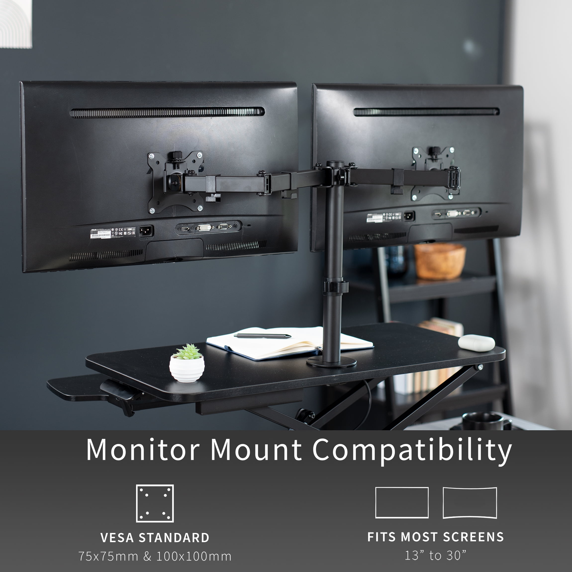 VIVO Black 32" Standing Desk Riser with Adjustable Dual 13" to 30" Monitor Mount