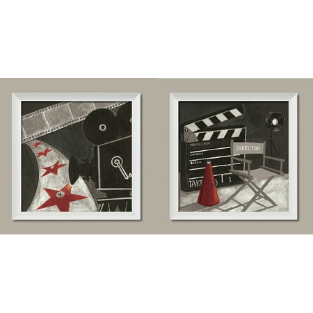 Movie Night Classic Red Grey And Black Film Reel And Director Chair Signs Two 12x12in White Framed Prints Ready To Hang