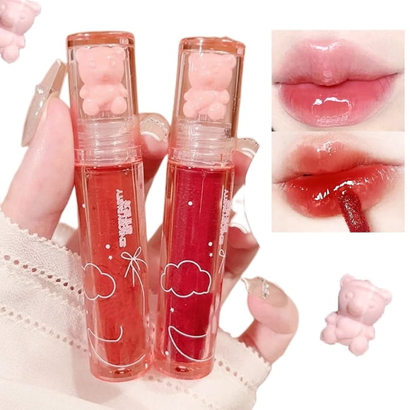 Nuevo Irven 2 piezas Bear Lip Glaze Jelly Lipstick Liquid Lipstick Cute Bear Lipgloss Hidratante Lip Stain Plumping Water Lip Gloss Impermeable de larga duración Cheek Rouge Tint Cosmetics Bear Beauty