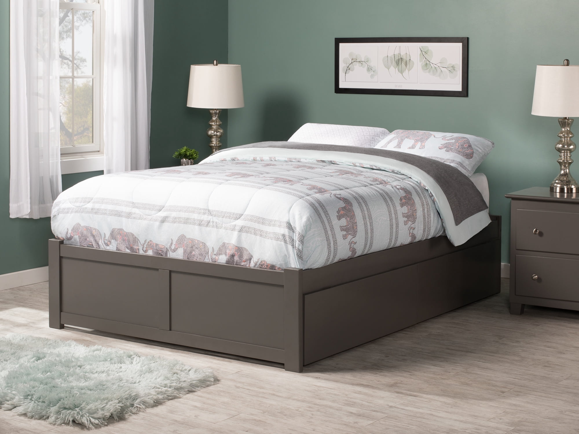 AFI Concord Full Solid Wood Platform Bed with Footboard & 2 Storage Drawers in Grey