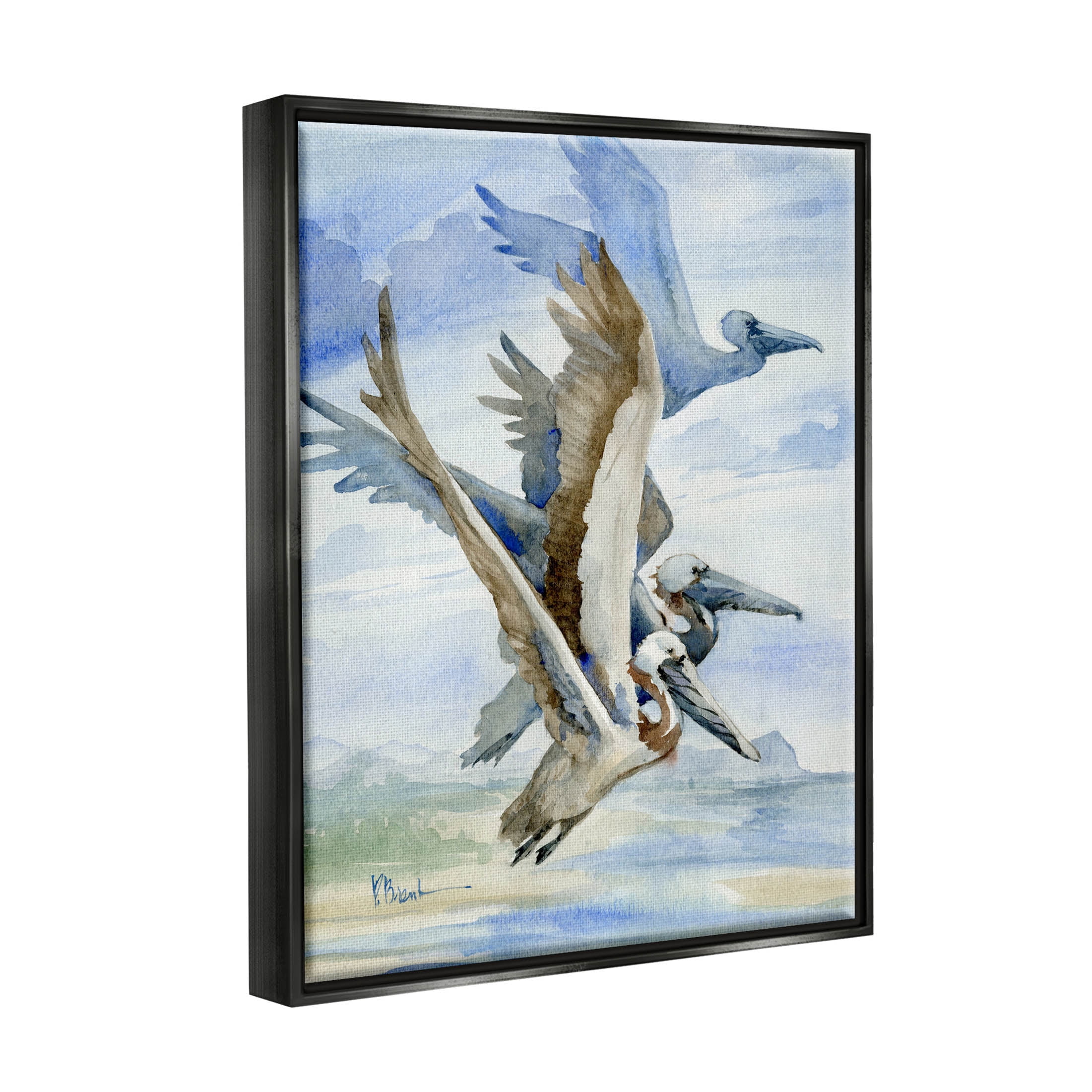 Stupell Industries Pelicans Aloft Bird Flight Trio Painting Jet Black Floating Framed Canvas Print Wall Art, Design by Paul Brent