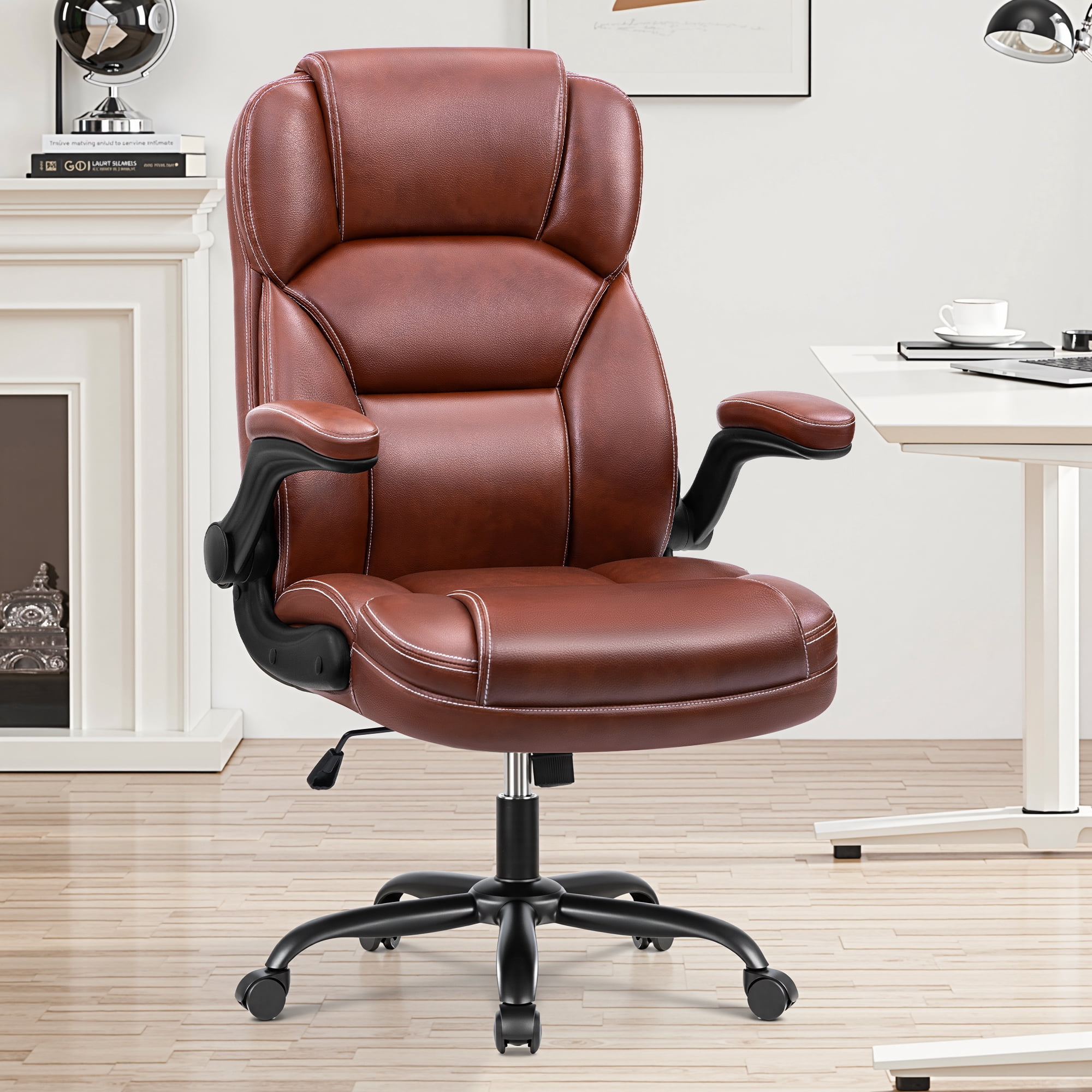 COOLHUT Bige and Tall Executive Office Chair 400lbs, Ergonomic PU Leather Computer Desk Chair with Flip-Up Armrests, Comfy Heavy Duty Office Chair for Home Office Gaming, Vintage Brown