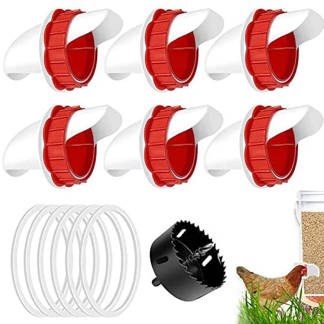 Alimentador de pollos sin desperdicios, alimentador automático de aves de corral a prueba de lluvia con tapa Kit de alimentación por gravedad 6 puertos -1 cubos de sierra de agujeros