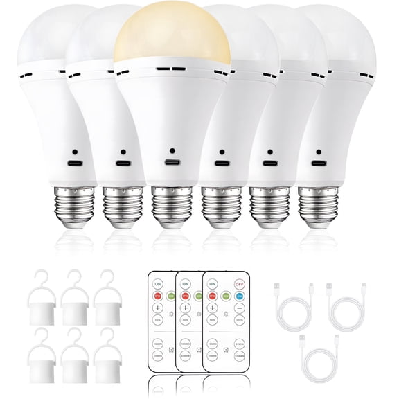 USB Rechargeable Light Bulbs with Remote and Timer, 3 Color Temperatures Dimmable Battery Operated Light Bulb, A21 2000mAh Battery Powered LED Bulb for Power Outage Camping, 6 Pack
