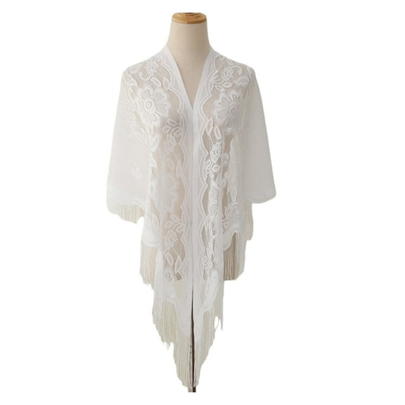 RYUJNDK Women Lace Tassels Shoulder Wrap Sheer Flower Pattern Shawl for Women Girl Beach Vacation and Evening Parties