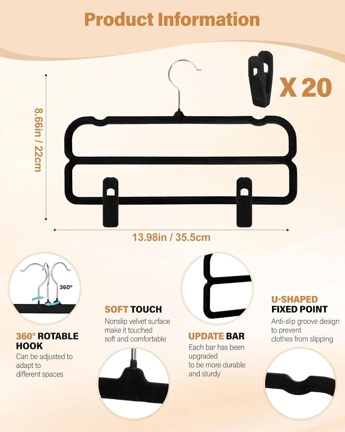 Velvet Hangers Non Slip - 20 Pack Pants Hangers for Closet - Thin Space Saving Clothes Hanger - Strong, Durable, Jean Perchas with 360 Degree Rotatable Hook for Tank Top (Black Silver Hook)