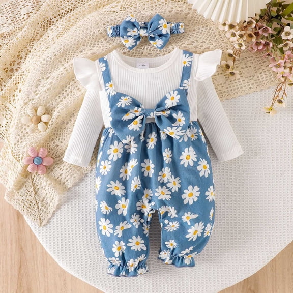 MEZZALL Girls Floral Print Long Sleeve Romper Jumpsuit With Bow Headband Onesie Baby Toddler Kids Playwear Soft O-Neck Spring Child One-Pieces