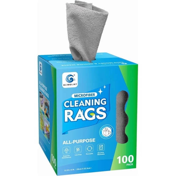 Microfiber Cleaning Cloth, 100 Pack Cleaning Rags, Lint-Free, Ultra Absorbent Reusable Paper Towels for Home, Kitchen, Car, Garage or Shop, Dish Rags, 11" x 9", Grey