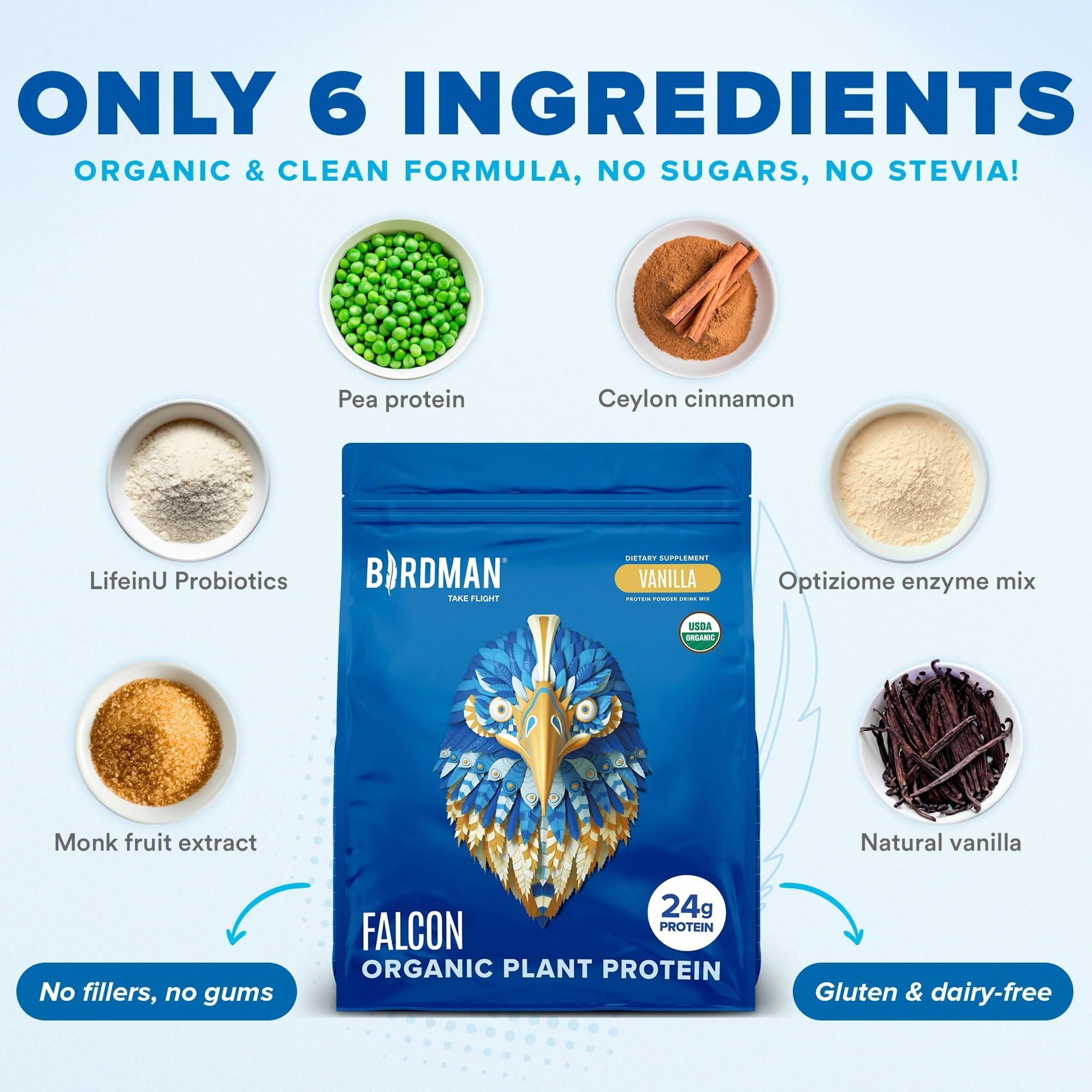 BIRDMAN Falcon Organic Vegan Protein Powder, Stevia & Sugar Free, Vanilla, 60 Servings, 3.9lb