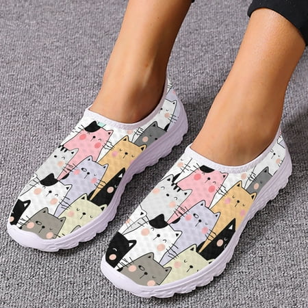 Cartoon Cat Designer Brand Slip-on Shoes Hand-painted Cat Print Loafers Women s Casual Breathable Mesh Shoes Zapatos