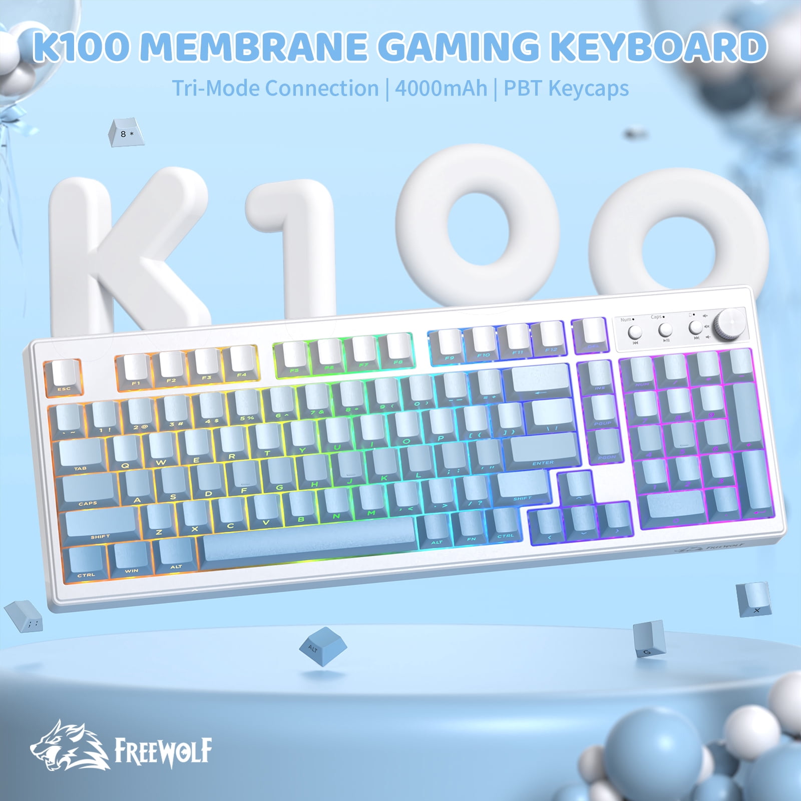 Freewolf-ZIYOULANG K100 99 Keys Gaming Membrane Wireless Tri-Mode BT/2.4GHz/USB-C Computer Keyboard with Media Knob & Side Printed Keys, Blue