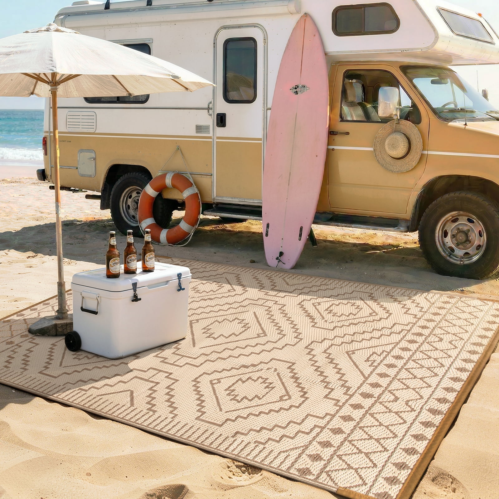 Lahome Lightweight & Waterproof Outdoor Rug 8x10 - Large Reversible Plastic Straw Mat for RV, Beach, Picnic, Camping, Backyard, Balcony, Beige & Brown