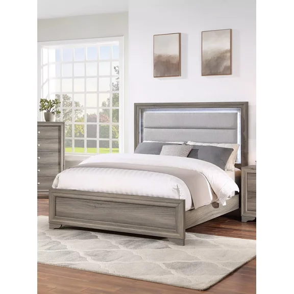 Light Brown Burlap Upholstered HB 1pc Eastern King Size Bed w LED Transitional Style Wooden Master Bedroom Furniture