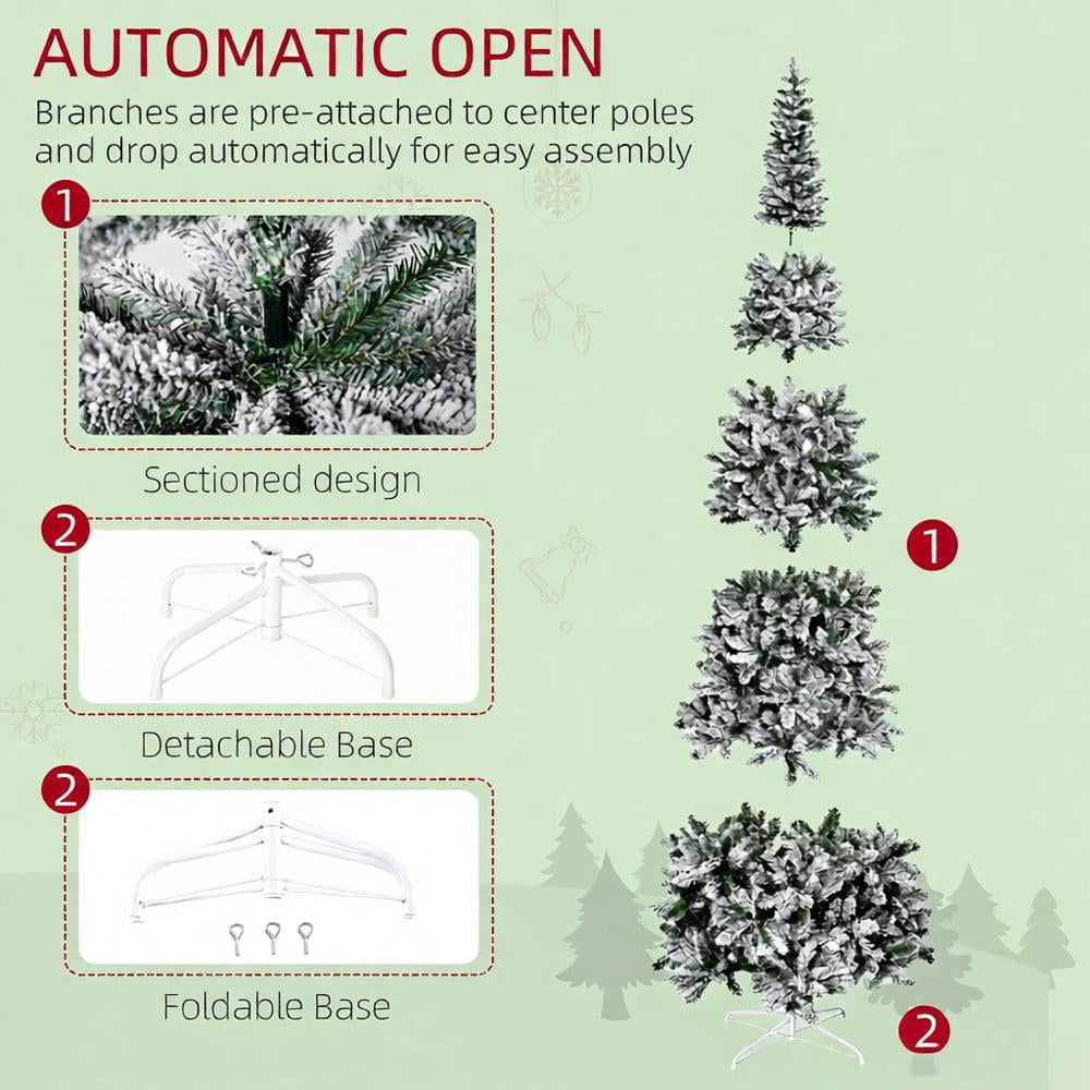 Artificial Christmas Tree, Snow-Flocked Slim Pine Artificial Christmas Tree with Realistic Branches and 1084 Tips