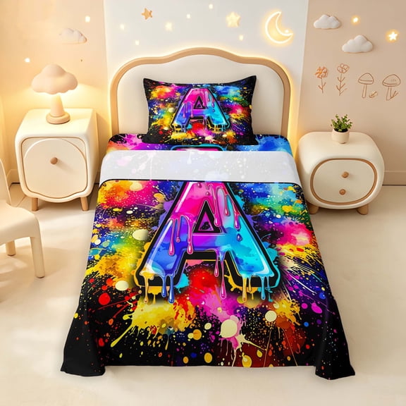 Manfei Neon Gradient Letter A Twin Sheets,Paint Splatter Bedding,Black,3-Piece,1 Flat Sheet,1 Fitted Sheet and 1 Pillowcase