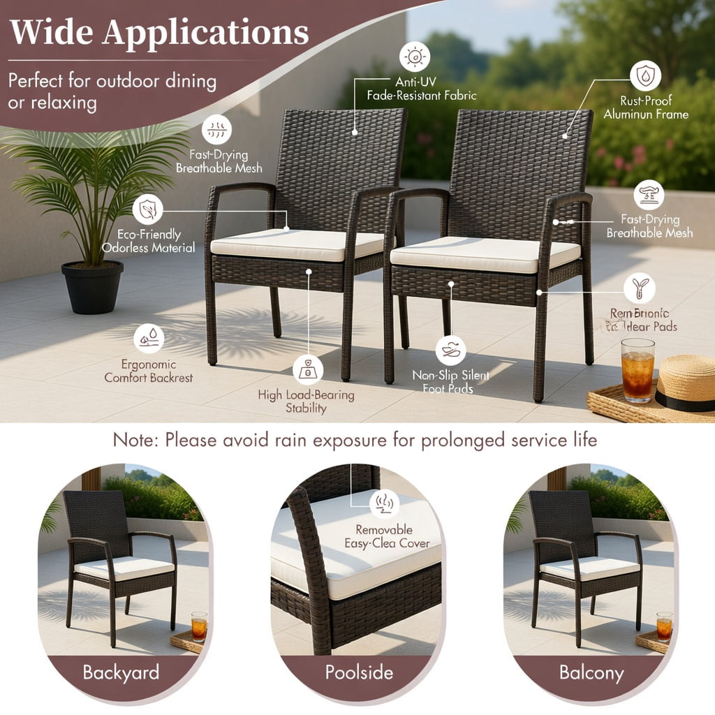 Hommoo 4-Piece Wicker Patio Dining Chair Set with Off-White Zippered Cushions, PE Rattan Outdoor Armchairs for Backyard, Porch & Poolside, Brown