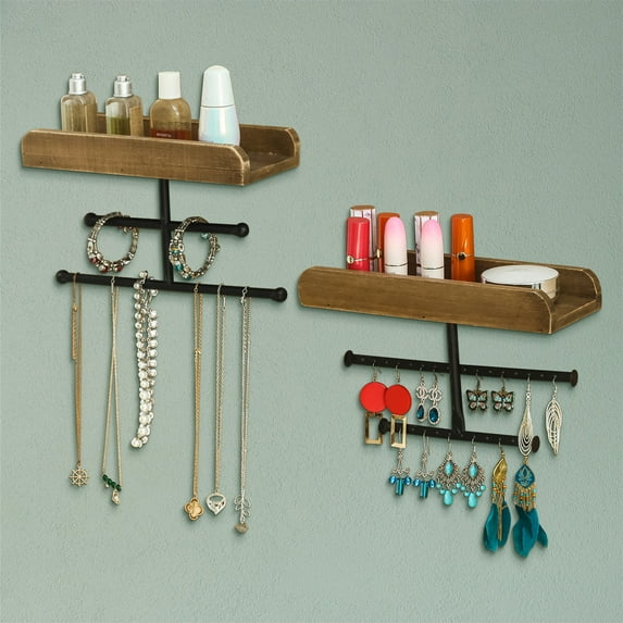 Cfowner Wall Mounted Jewelry Storage, Jewelry Rack For Rings, Necklaces Bracelets Earrings, Brown