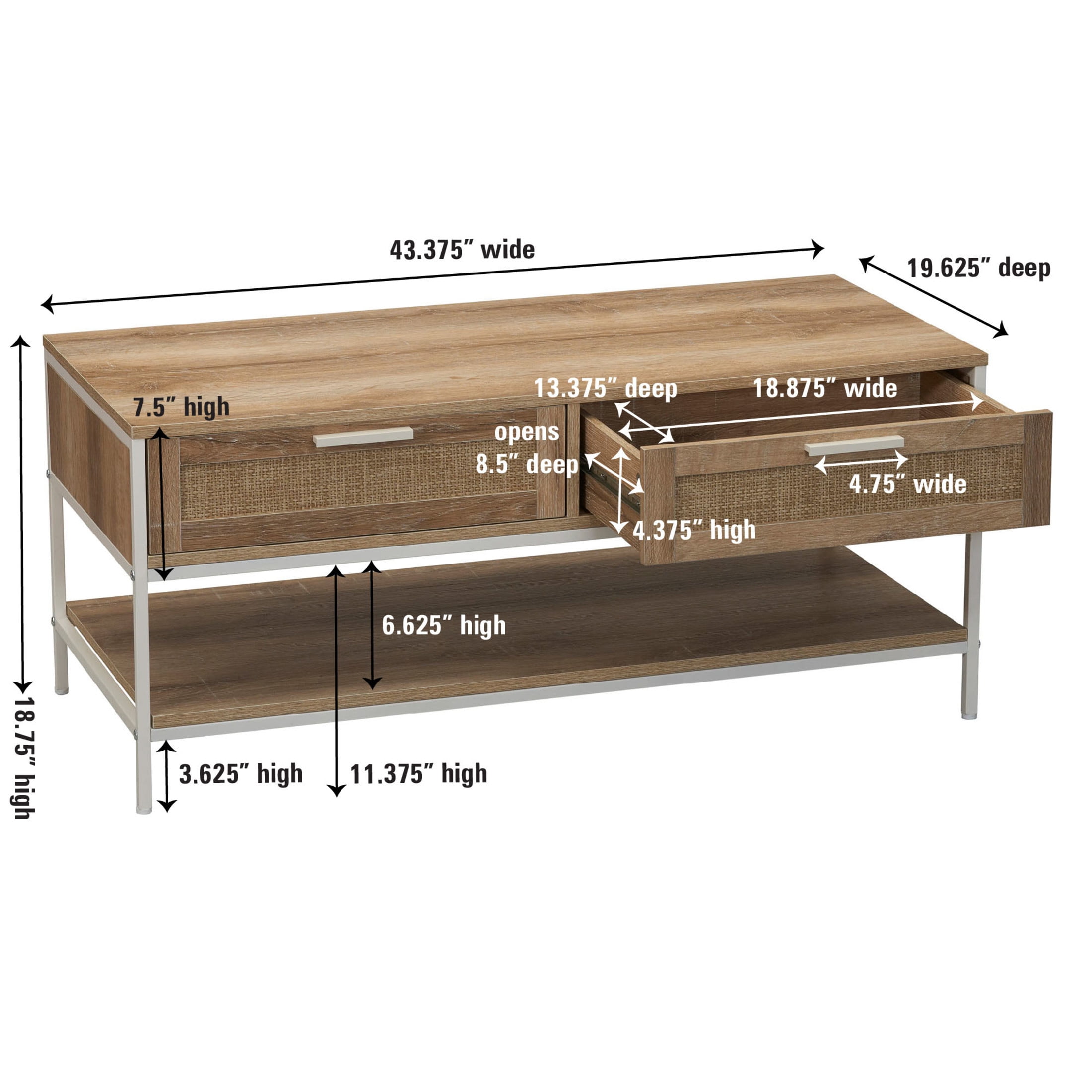 Household Essentials Bungalow Rectangular Coffee Table with Storage Shelf and 2 Drawers Coastal Oak Rustic Wood Grain Woven Front and White Metal