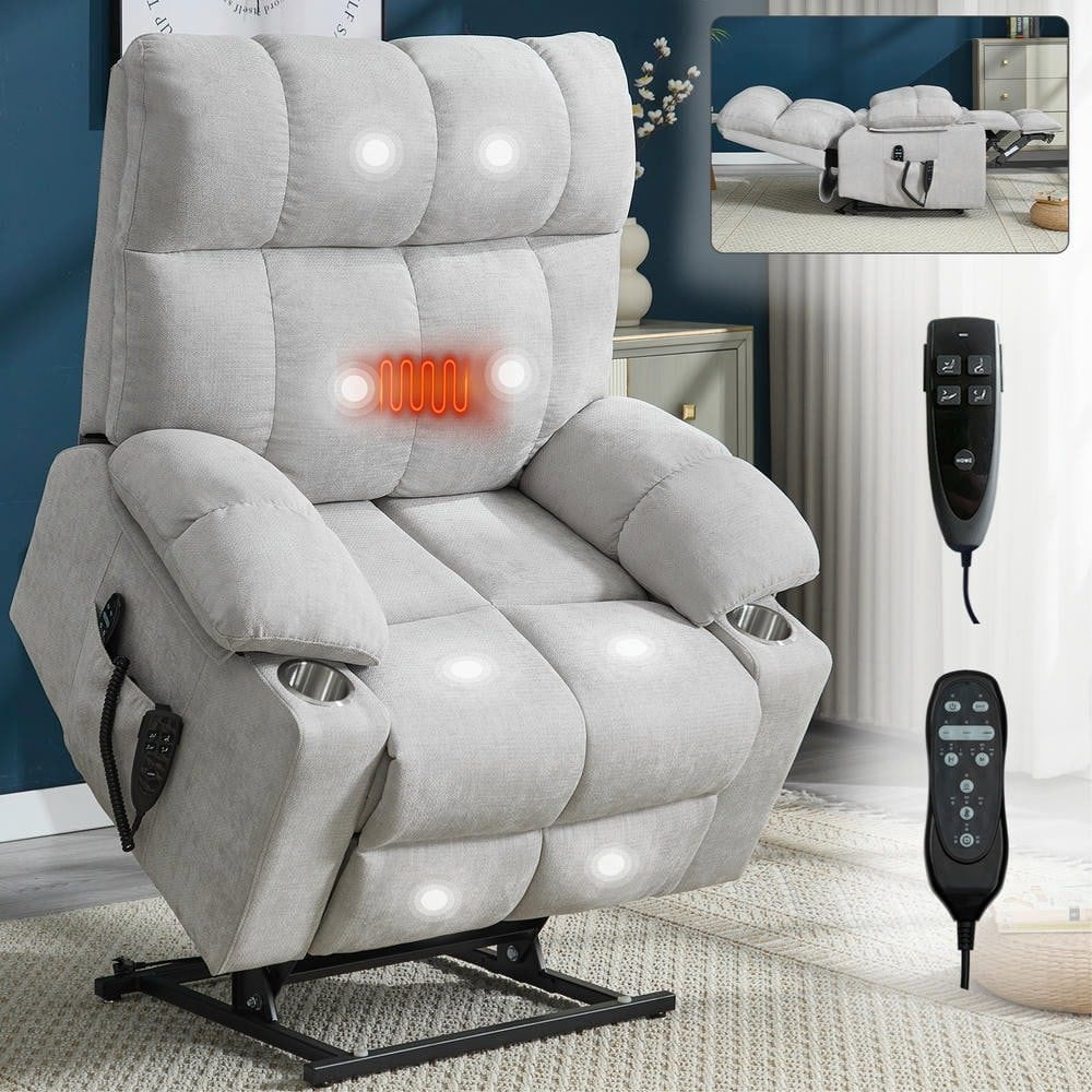 Resenkos Recliner 24.5" Wide with Dual Motors, Massage & Heat, Cup Holders, 350lb Capacity, Beige