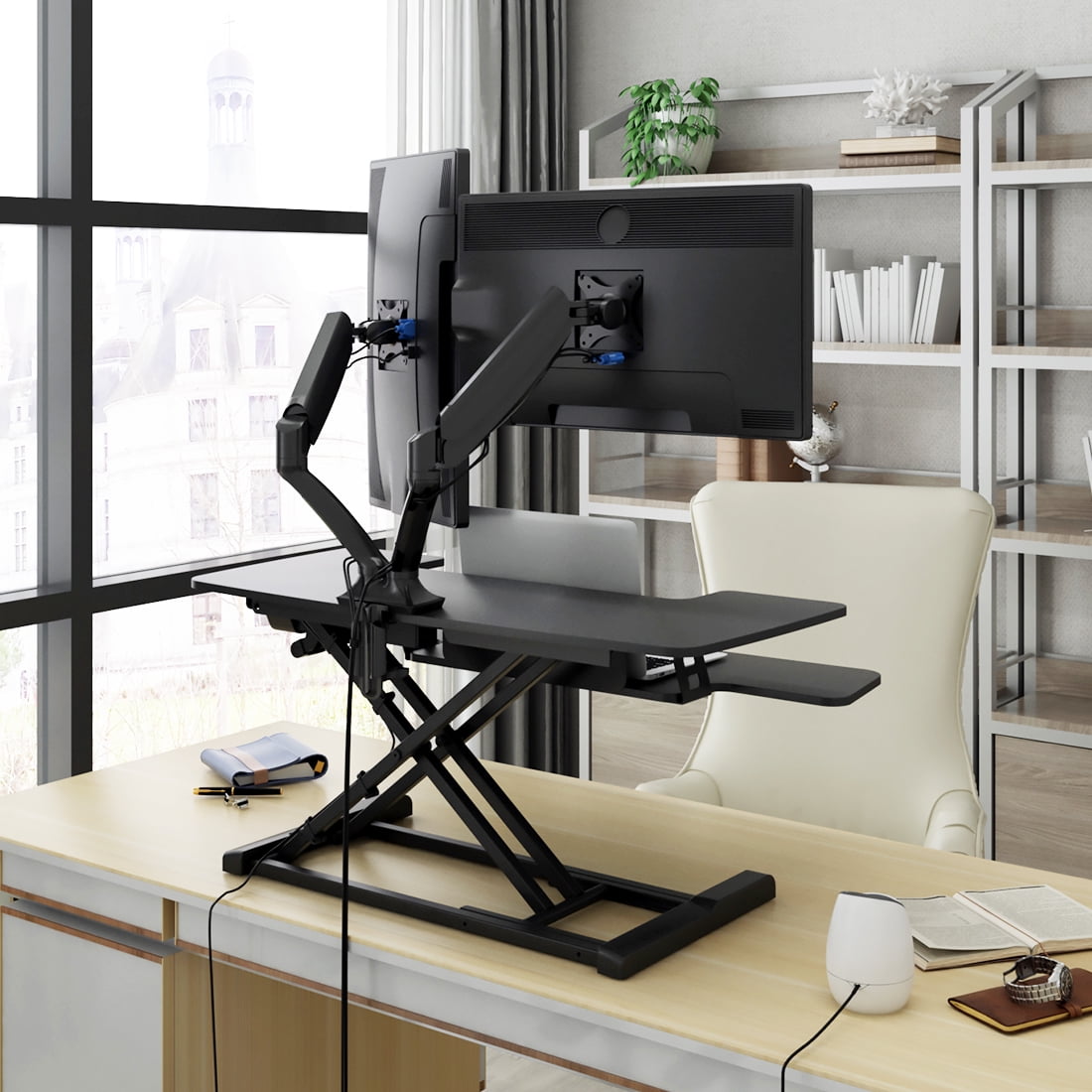 FLEXISPOT Motorized Home Office Standing Desk Converter Computer Desk Riser Black 35