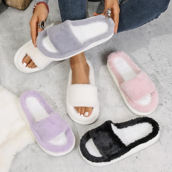 Bovxnpu Women's Warm Fuzzy Slippers Winter House Shoes, Women's Casual Home Indoor And Outdoor Slippers Plus Velvet Warm Open Toe Slippers Comfy Soft Lightweight Indoor House Shoes