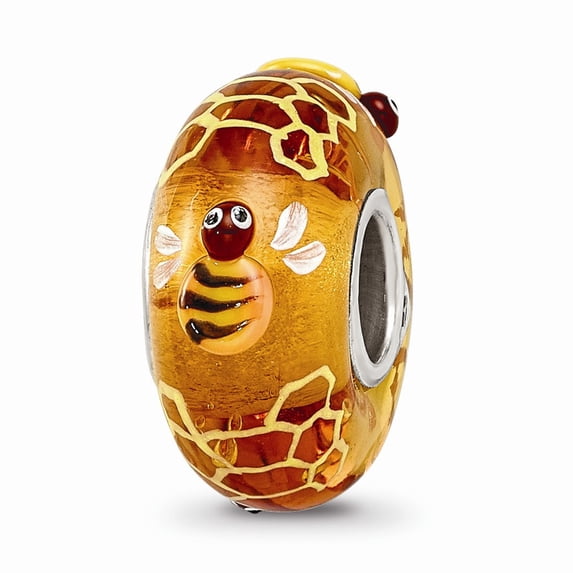 FB Jewels Ster.Silver Reflections Hand Painted Hunny Bees Fenton Glass Bead