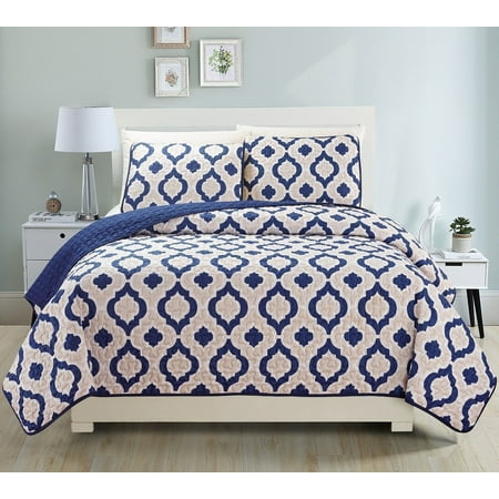- Fancy Linen 3pc King Reversible Bedspread Navy Blue Beige White New