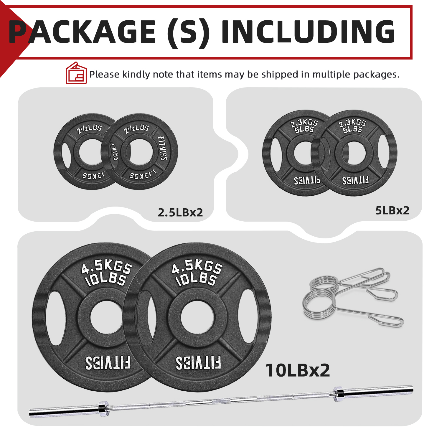 FlexWave 2-Inch Cast Iron Weight Plate Set with 7FT Olympic Barbell and A pair of Clips, 35LB Weight Plate Set Options, for Home Gym Strength Training & Weightlifting