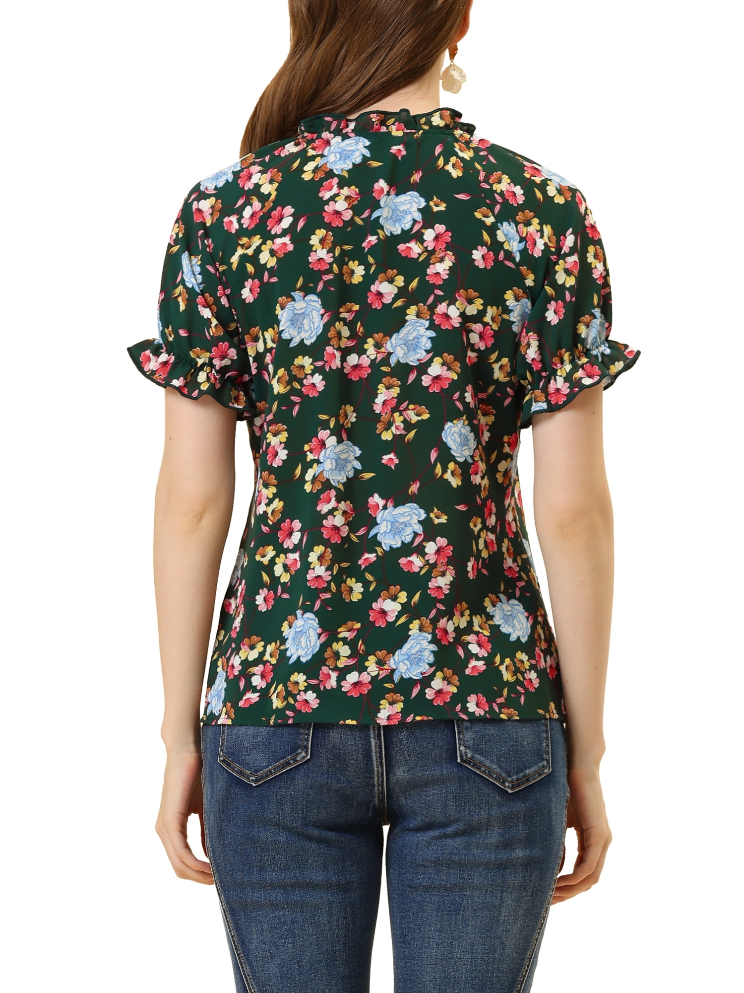 DARING DIVA Women's Floral Ruffled Neck Short Sleeves Top Blouse S Dark Green