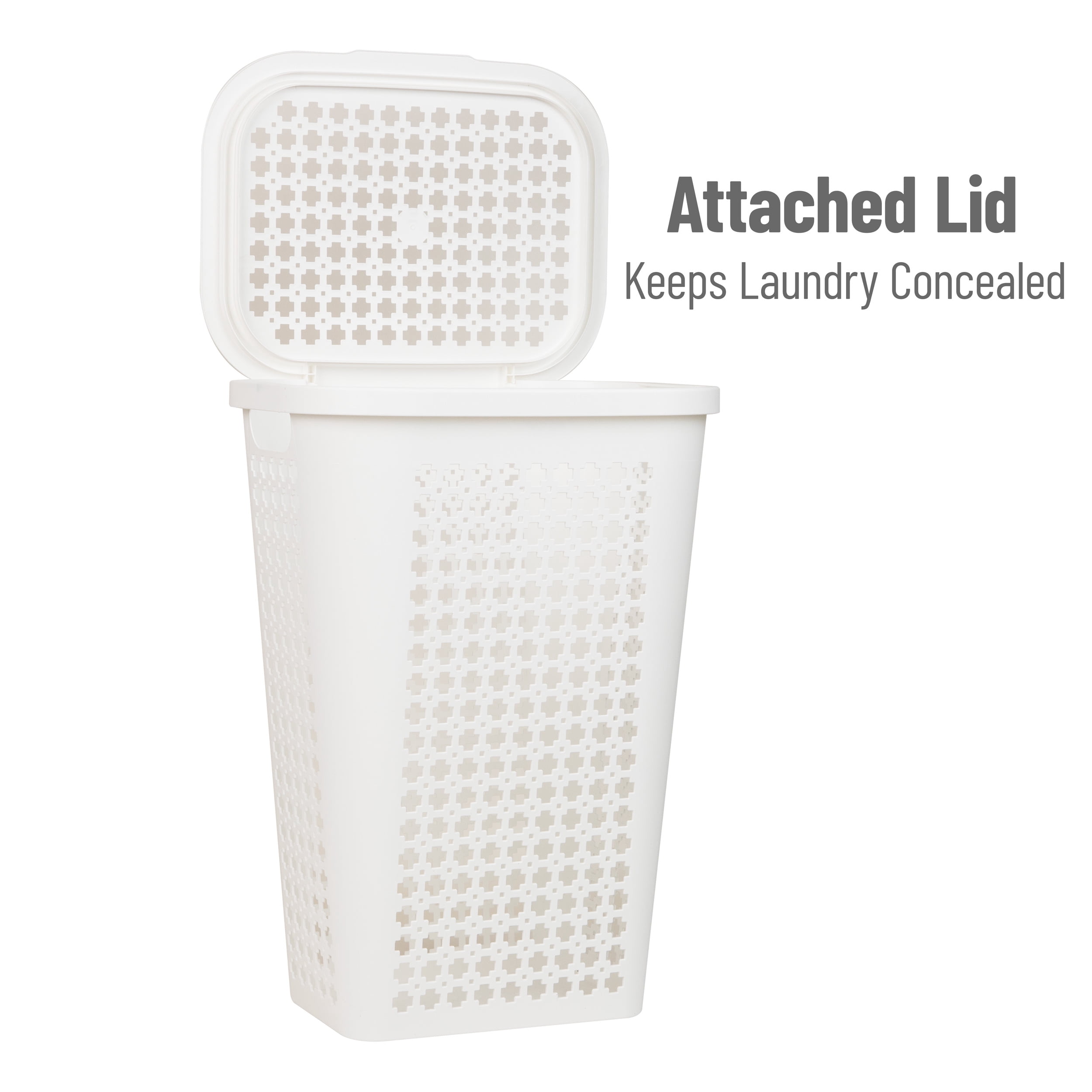 Mind Reader Plastic Tapered Laundry Hamper with Lid, Clothes Basket with Swiss Cross Cut-Outs, White
