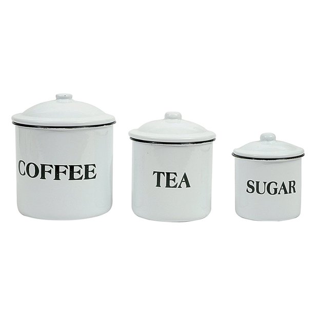 Creative Coop Coffee Tea Sugar Enamel Metal Containers with Lids Set