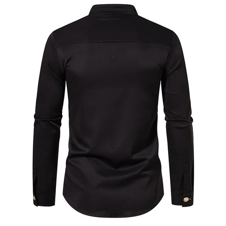 Njoeus Men's Banded Collar Double Breasted Dress Shirt Slim Fitted
