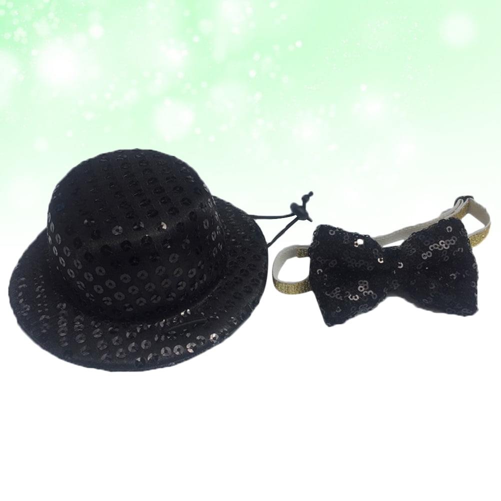 WRISTBIQUE 2Pcs Black Pet Party Hat and Tie Set Sequins Design for Dog Photo Props