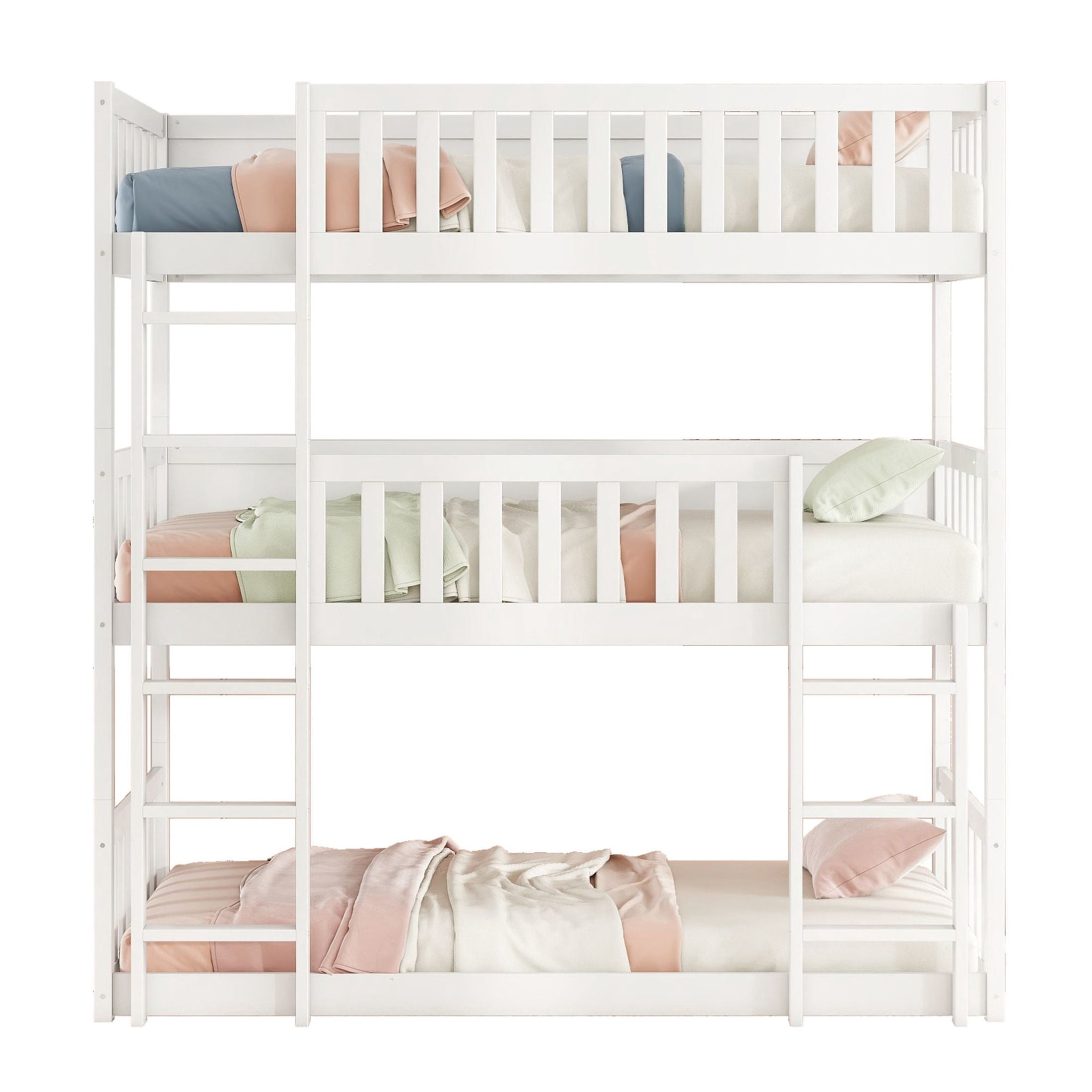 Noble House Lydia Triple Rubber Wood Bunk Bed, Convertible Twin over Twin over Twin with Guardrails and Ladders, White