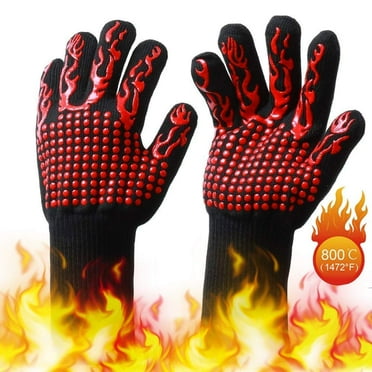 BBQ Gloves 1472℉ Extreme Heat Resistant Grill Gloves, Food Grade Kitchen Oven Mitts, Silicone Non-Slip Cooking Gloves for Barbecue, Cooking, Baking, Welding, Cutting, 14 Inch - 1 Pair