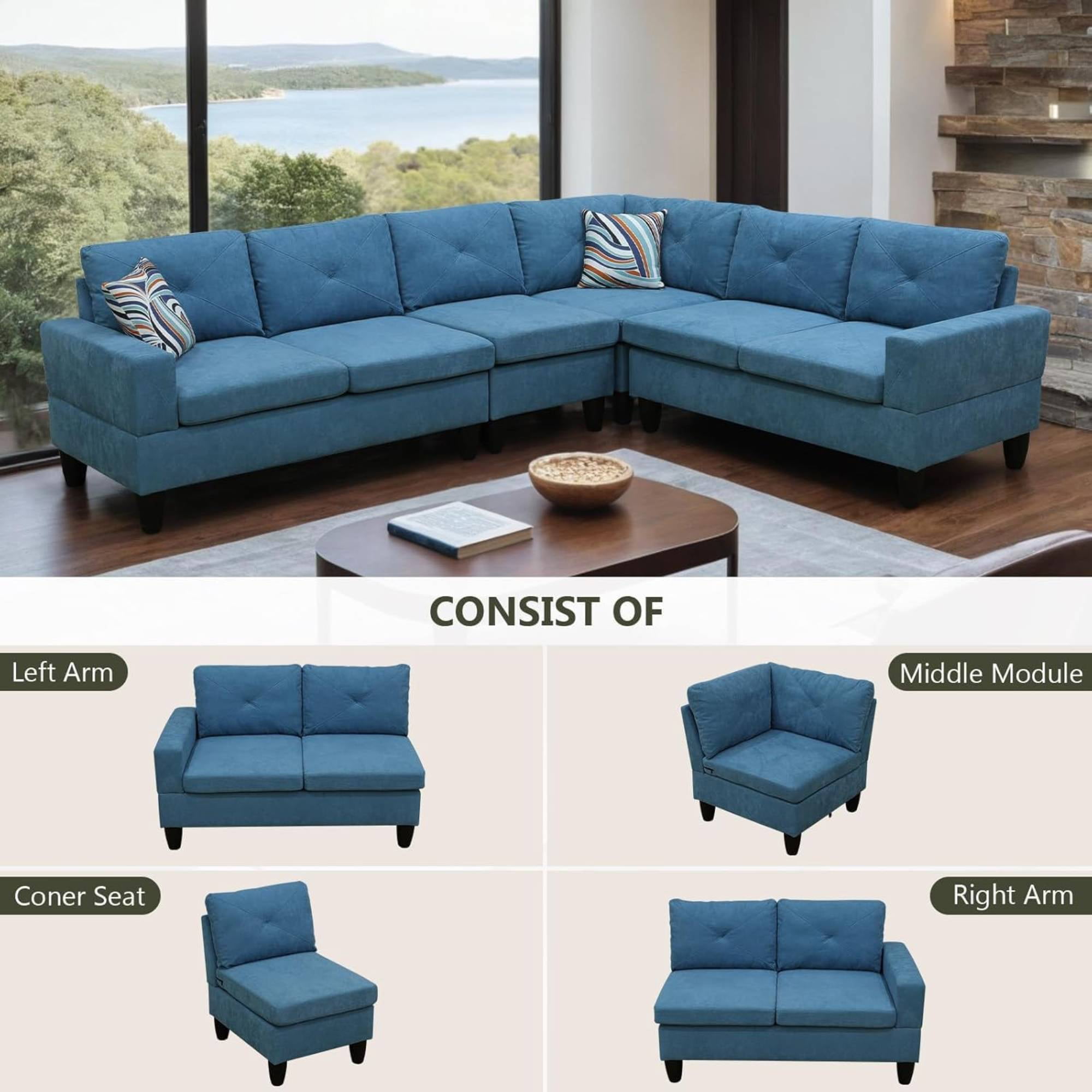 L Shaped Sofa Couch U Shaped Sectional Corner Sofa 6-Seater Furniture Modular Couches for Living room, Lake Blue