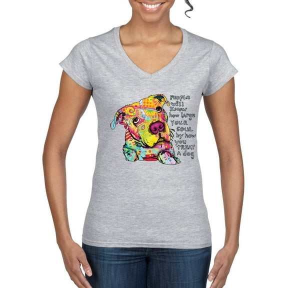 Colorful Pitbul | People Will Know How Large Your Soul | Dean Russo Art Animal Lover Women's Standard V-Neck Tee, Heather Grey, X-Large
