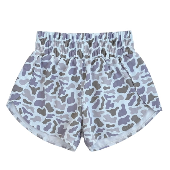XIAOCHA Light Camo Print Athletic Shorts For Women Elastic Smocked Waist Beach Bottoms