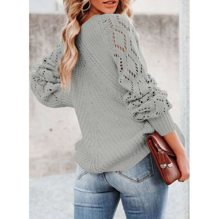 Asvivid Women s Cable Knit Sweater Crochet Hollow Out Long Sleeve