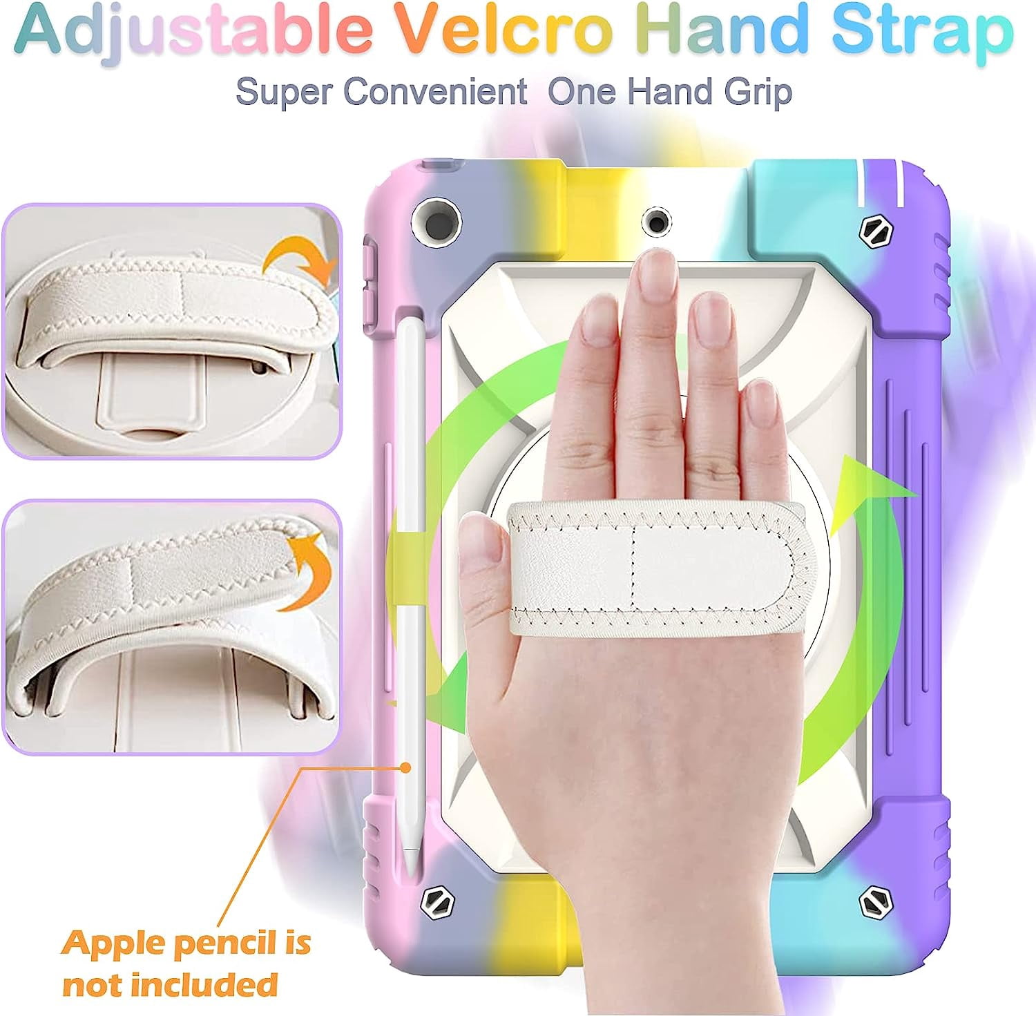 SUPNICE iPad 9th/8th/7th Generation Case, iPad 10.2 Case,Shockproof 360 Rotating Stand Hand Strap Pencil Holder Kids Case for iPad 10.2 inch 2021/2020/2019 - Rainbow
