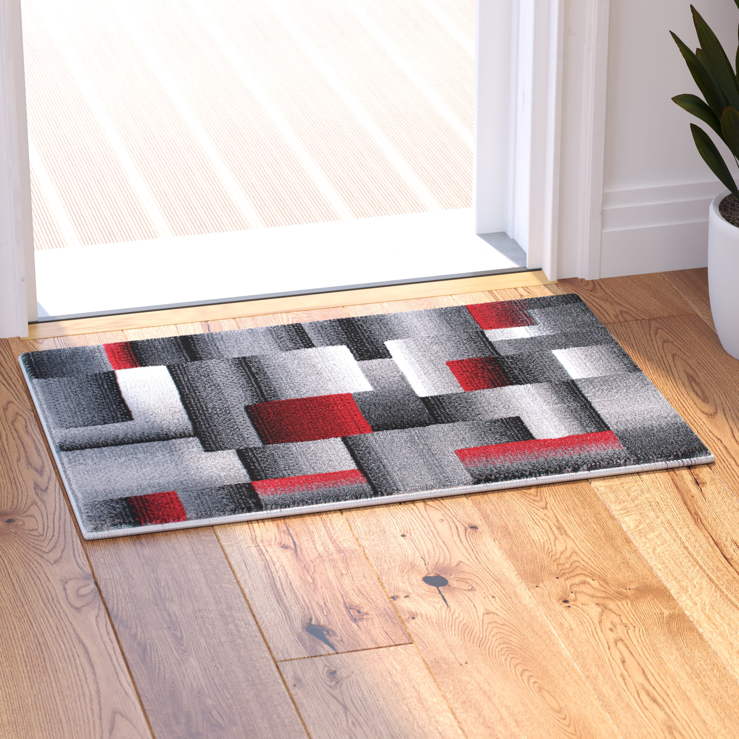 BizChair Modern Contemporary Mat Area Rug, Red Grey Black (2 Feet X 3 Feet) Mat