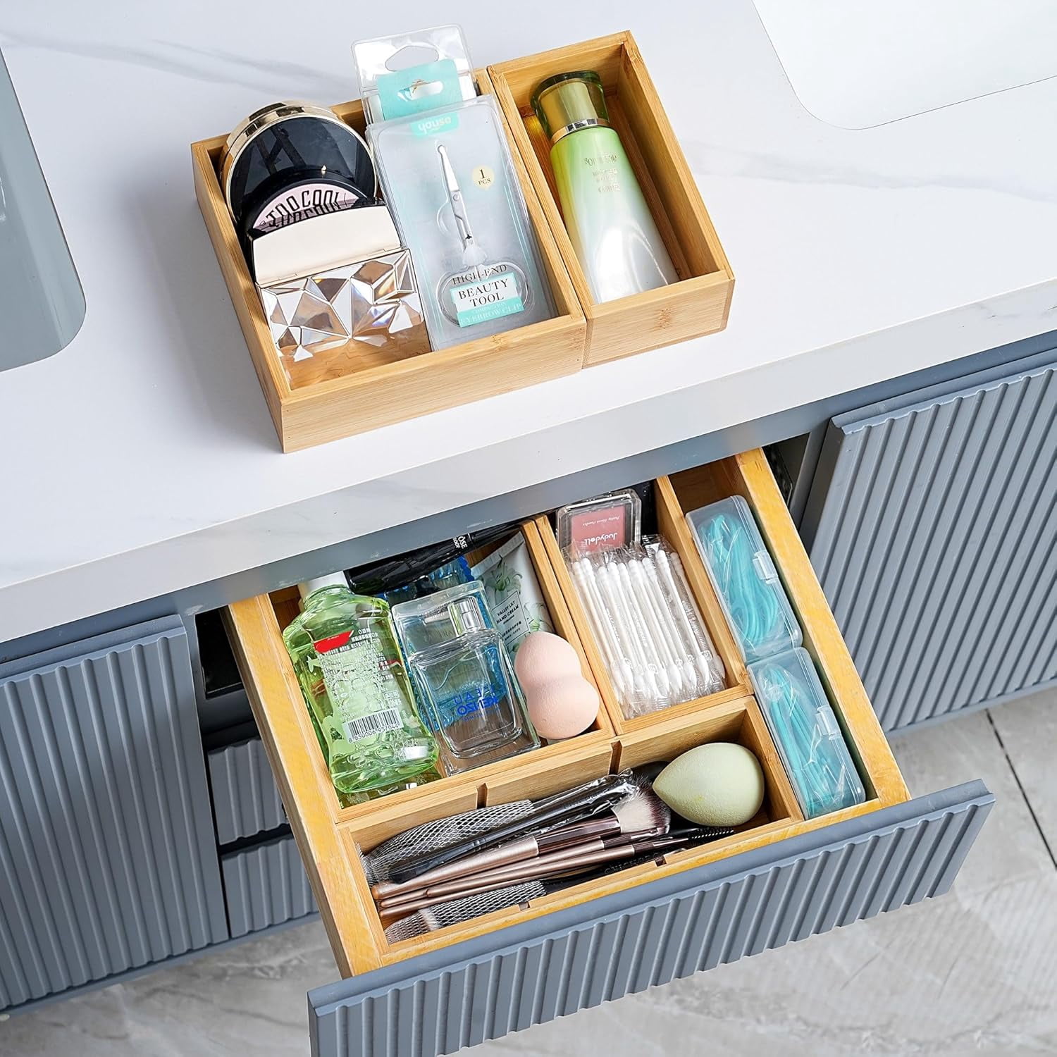 Kitchen Utensil Drawer Organizer, Bamboo Silverware Cutlery Flatware Organizer Bins, Wooden Container Storage Trays for Bathroom Vanity Junk Drawer, 15" x 6" Set of 2