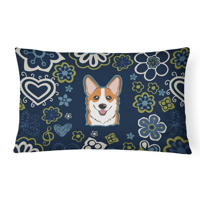 Carolines Treasures BB5105PW1216 Coussin Décoratif en Toile Fleurs Bleues Corgi Rouge