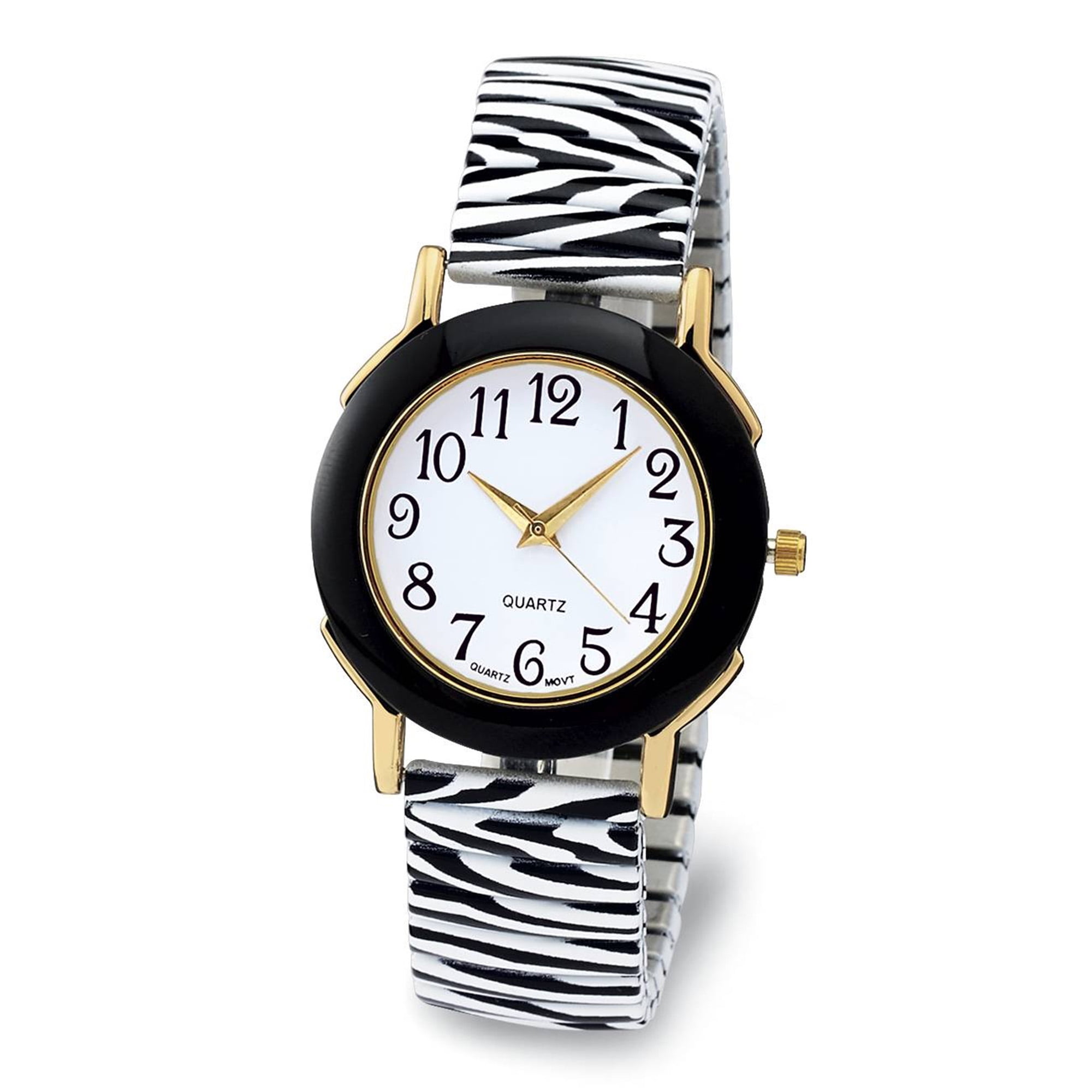 LINEL Woman Zebra Stretch Band Watch Easy Read White Dial Black Faux