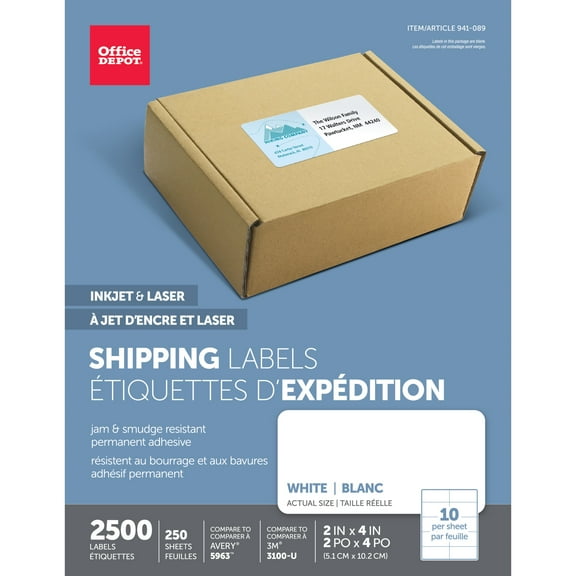 Office Depot White Laser Shipping Labels, 2in. x 4in., Pack Of 2500, 505-O004-0020