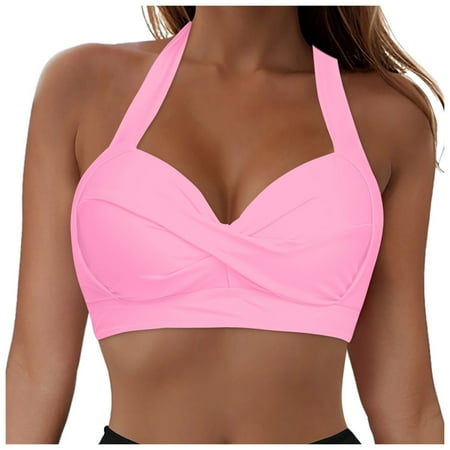 alcepopk Womens Scoop Neck Bikini Tops Adjustable Spaghetti Straps Bathing Suit Padded Swimsuit Sports Bra(Pink M)