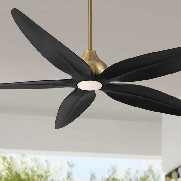 Casa Vieja 60" Lotus Bay Indoor Outdoor Ceiling Fan 5 Blade LED Light Remote Control Brass Finish Black Blades Bedroom Damp Rated
