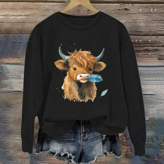 Royisotas Womens Sweatshirts Long Sleeve Cow Graphic Winter Pullover Loose Fit Casual Crew Neck Soft Hoodless Tops