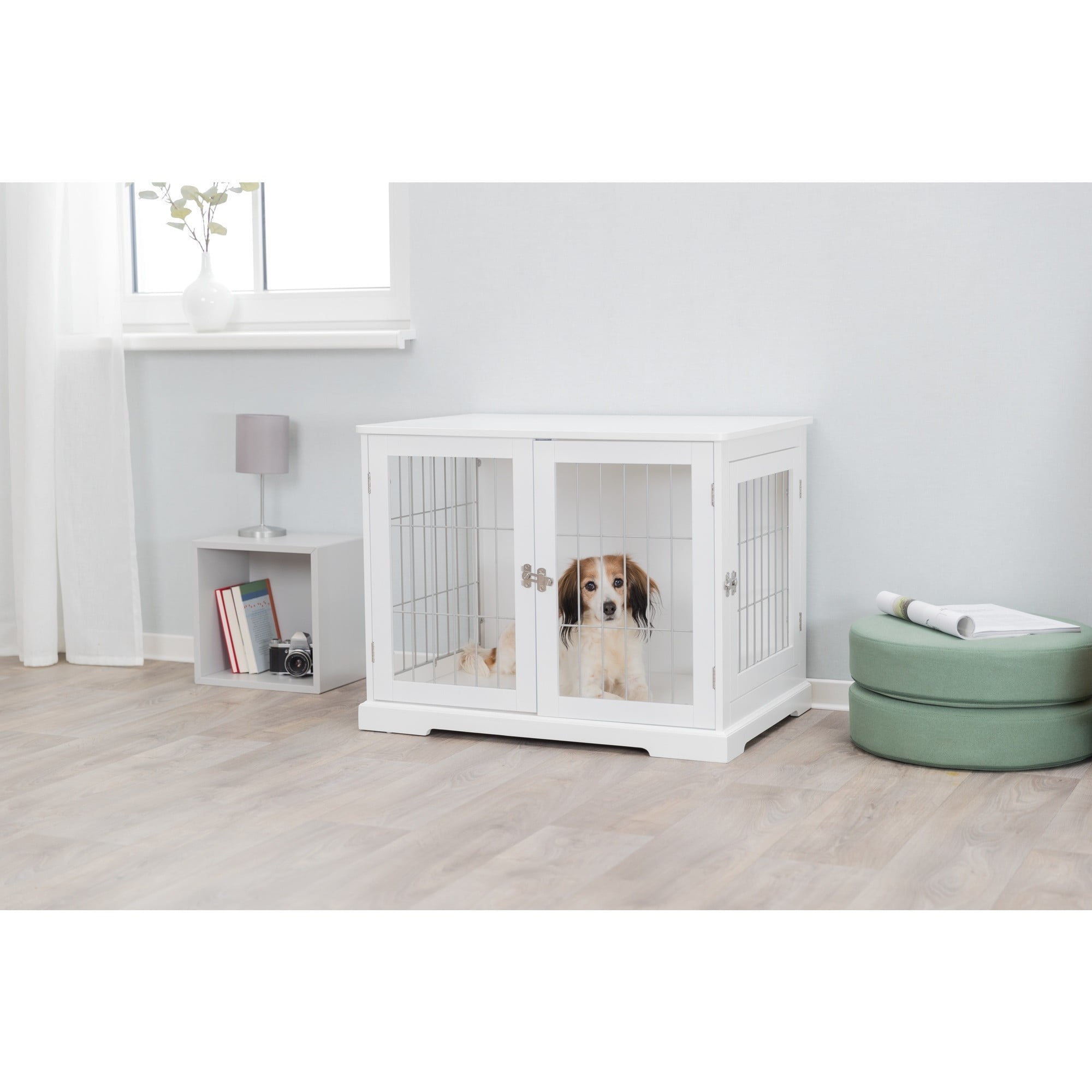 TRIXIE 29.5" Dog Crate, Wooden Indoor Kennel Furniture for Small Dogs Up to 25 lb, White